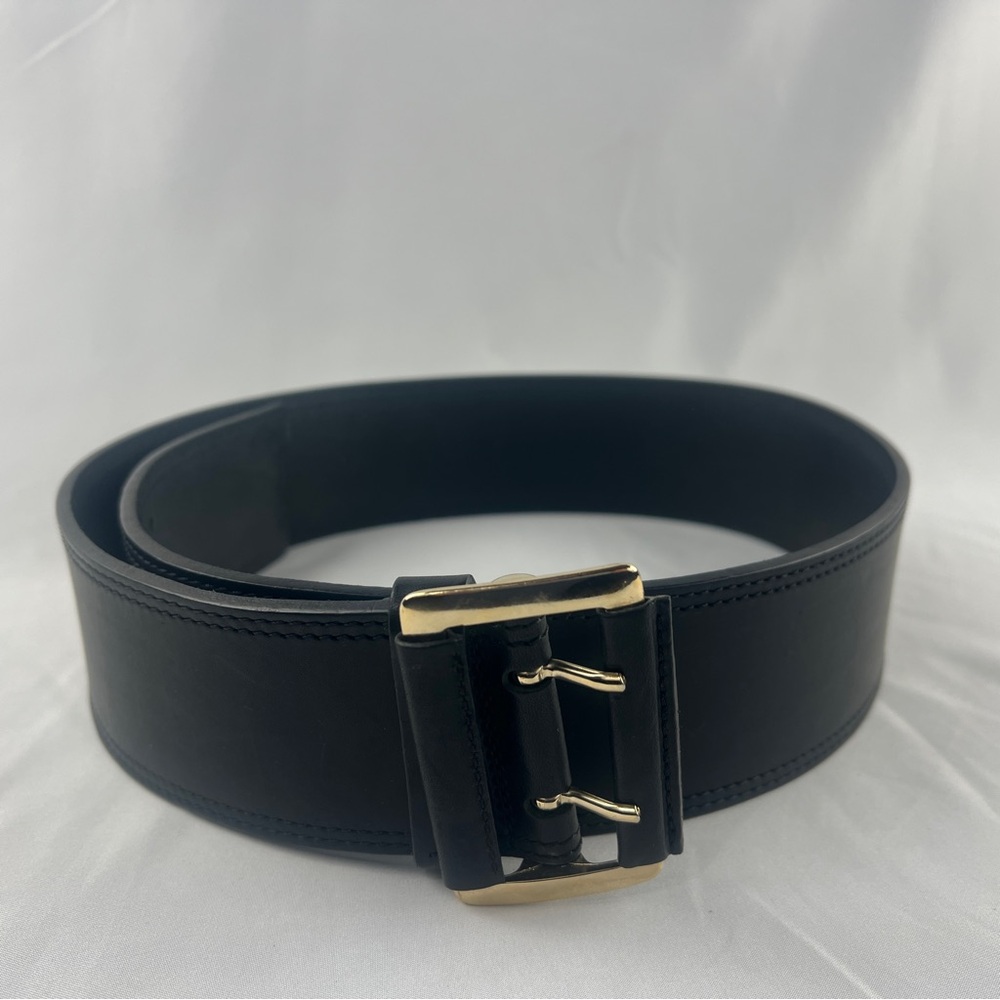 Theory Black Wide Leather Belt Large with Gold Buckle – Excellent Condition